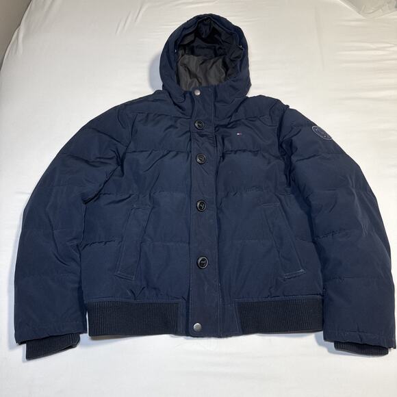 Tommy Hilfiger Mens Large Puffer Jacket Hooded Winter Coat Logo Patch Navy Blue - Picture 1 of 16